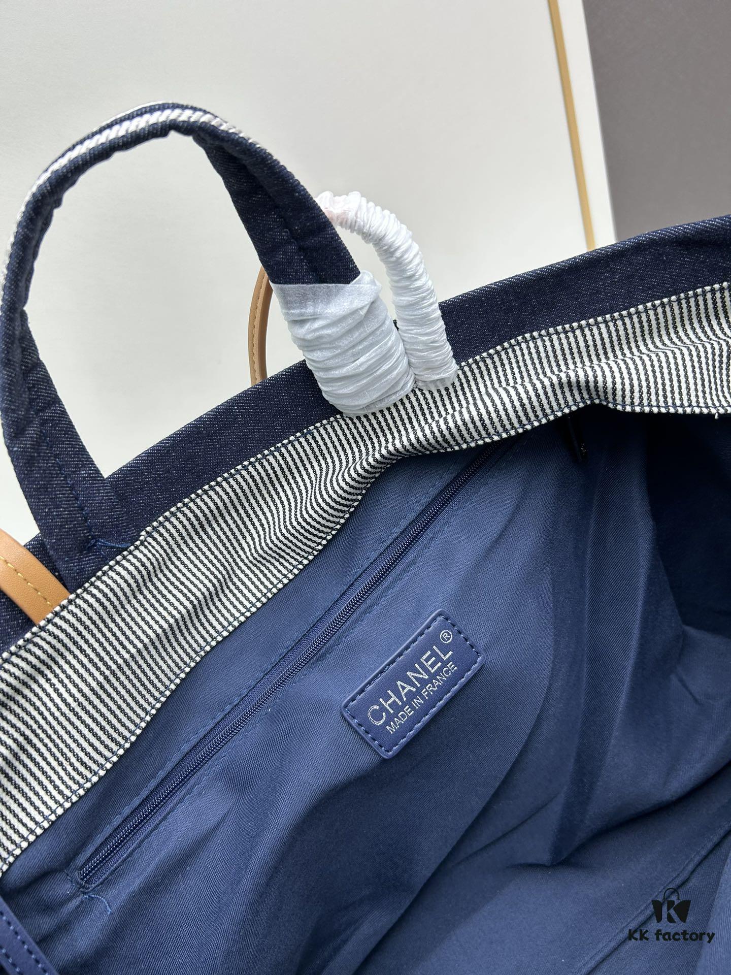 Large New Arrival CHANEL Navy Blue Striped Denim Beach Tote – A Must-Have for Vacation Style