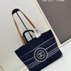 Small-sized New Arrival CHANEL Navy Blue Striped Denim Beach Tote Bag