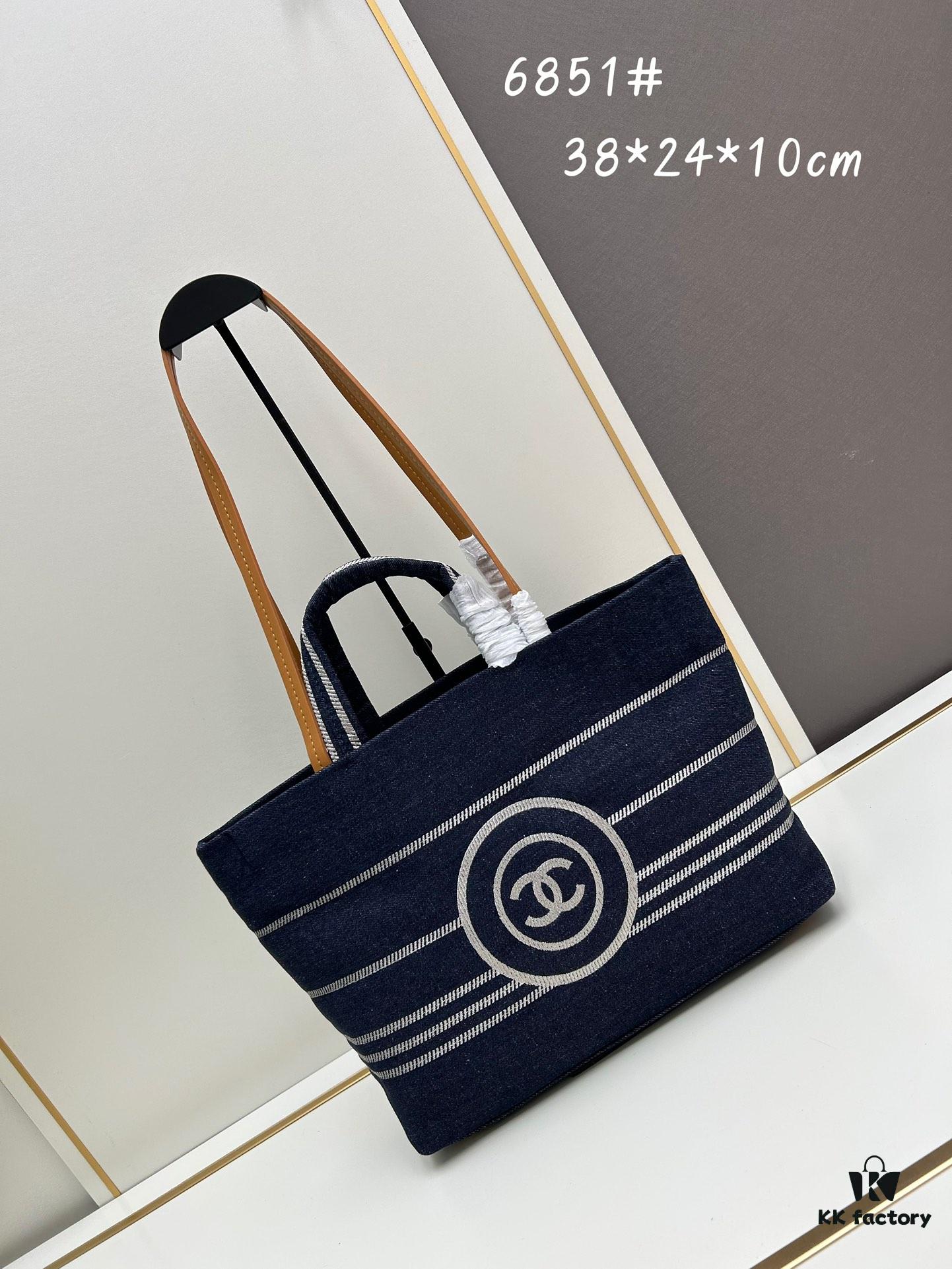 Small-sized New Arrival CHANEL Navy Blue Striped Denim Beach Tote Bag