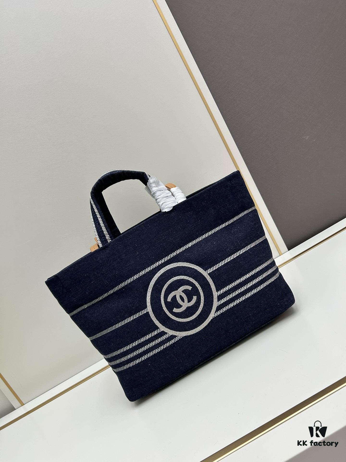 Small-sized New Arrival CHANEL Navy Blue Striped Denim Beach Tote Bag