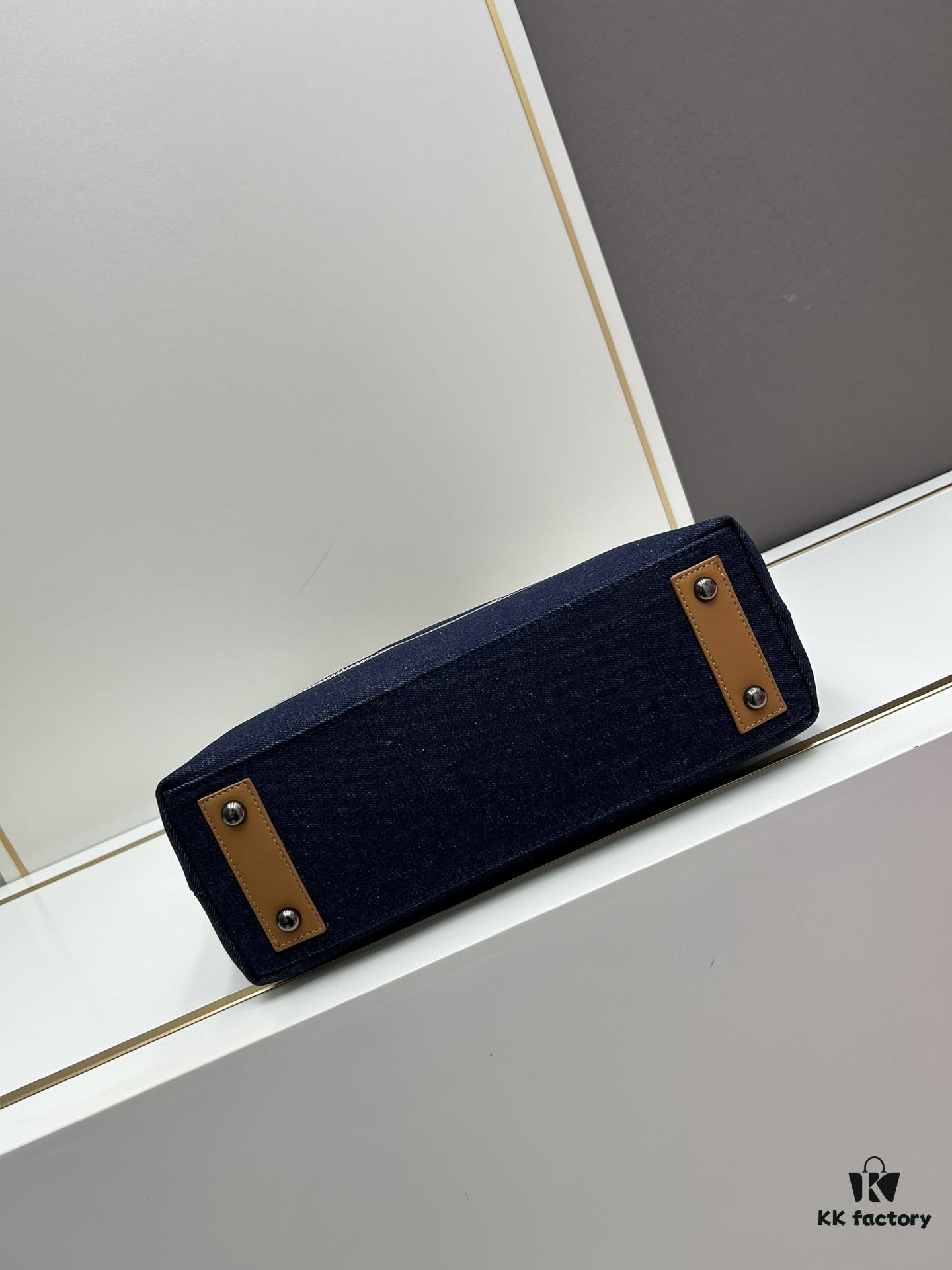 Small-sized New Arrival CHANEL Navy Blue Striped Denim Beach Tote Bag