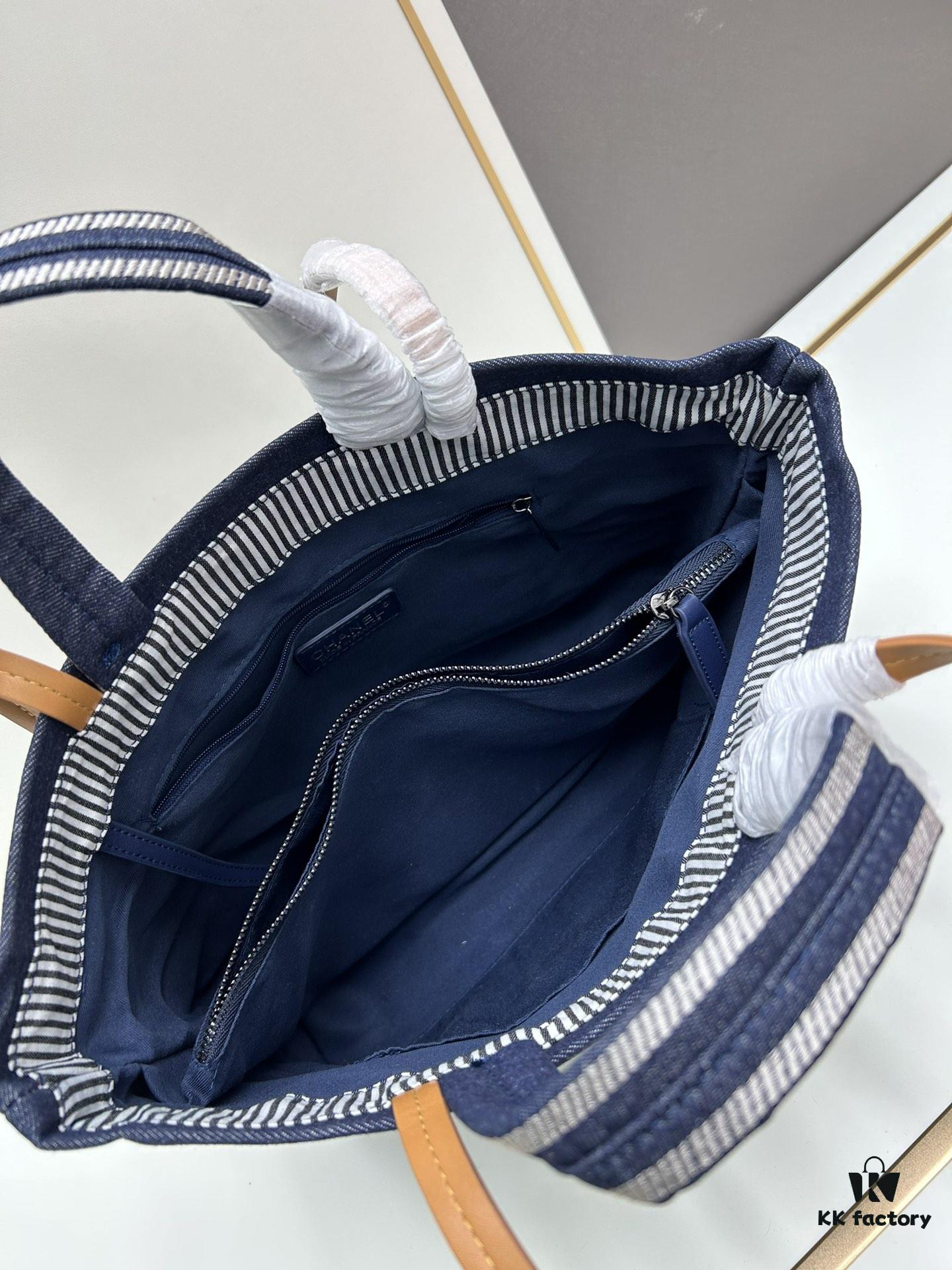 Small-sized New Arrival CHANEL Navy Blue Striped Denim Beach Tote Bag