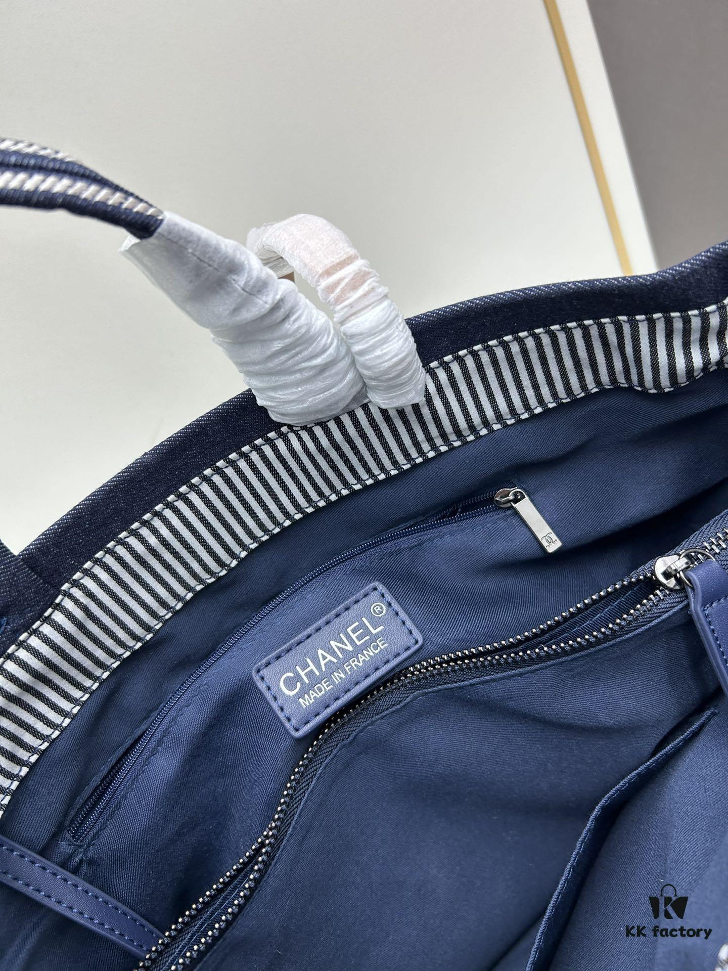 Small-sized New Arrival CHANEL Navy Blue Striped Denim Beach Tote Bag