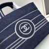 Small-sized New Arrival CHANEL Navy Blue Striped Denim Beach Tote Bag