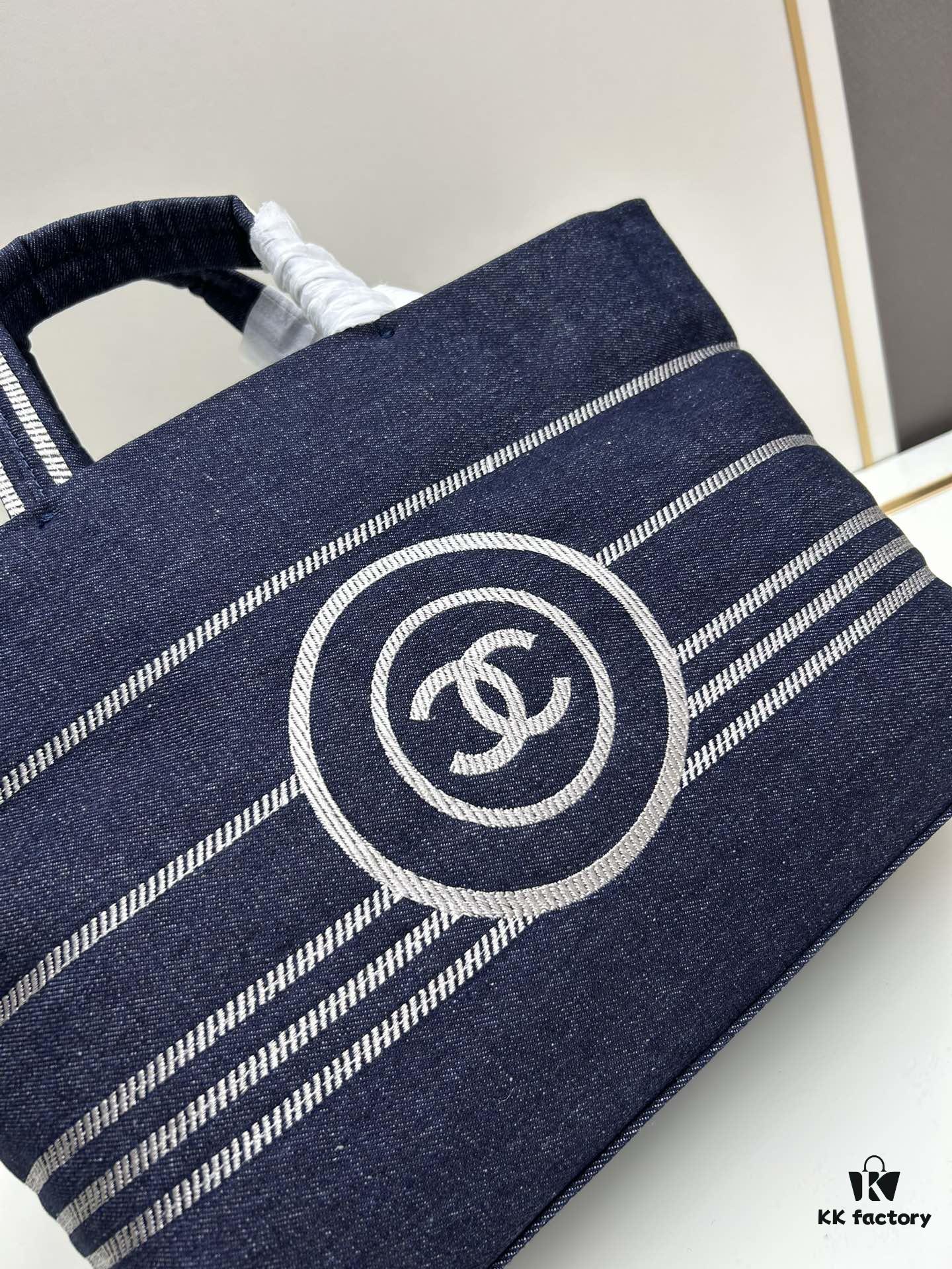 Small-sized New Arrival CHANEL Navy Blue Striped Denim Beach Tote Bag