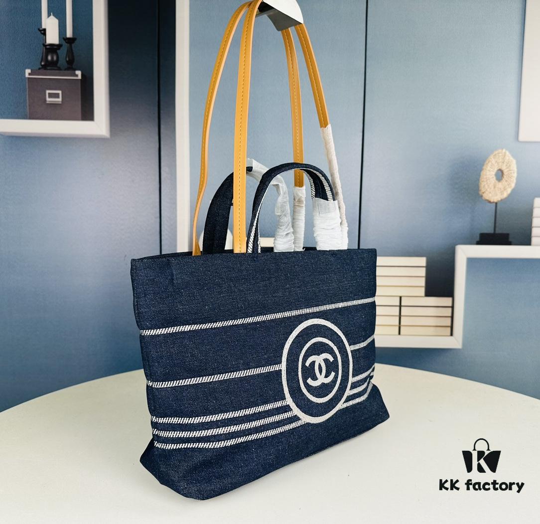 Small-sized New Arrival CHANEL Navy Blue Striped Denim Beach Tote