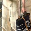 Large New Arrival CHANEL Navy Striped Denim Beach Tote Bag