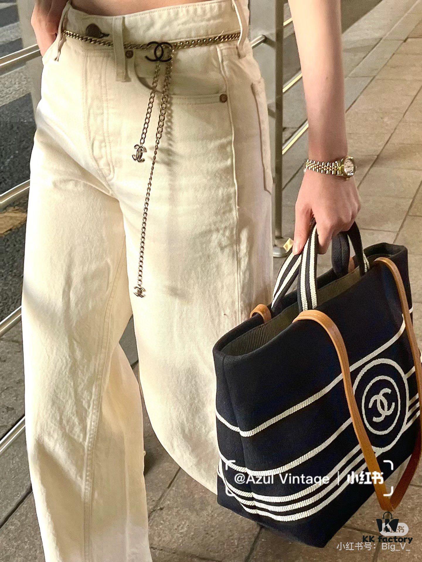 Large New Arrival CHANEL Navy Striped Denim Beach Tote Bag