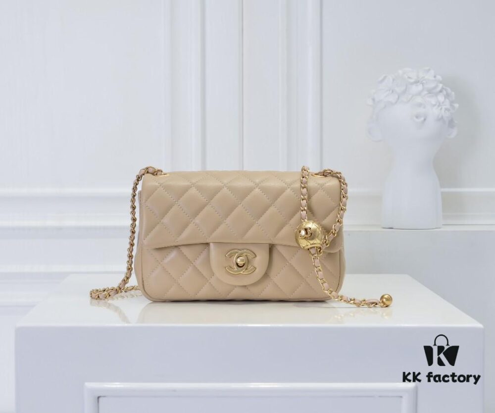 Large Beige Chanel CF Mini Metal Flap Bag - Bestseller with Decorative Gold Ball on Chain
