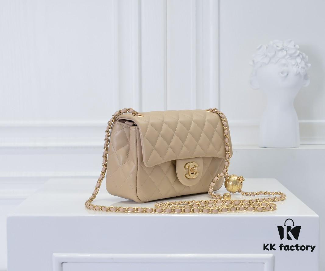 Large Beige Chanel CF Mini Metal Flap Bag - Bestseller with Decorative Gold Ball on Chain