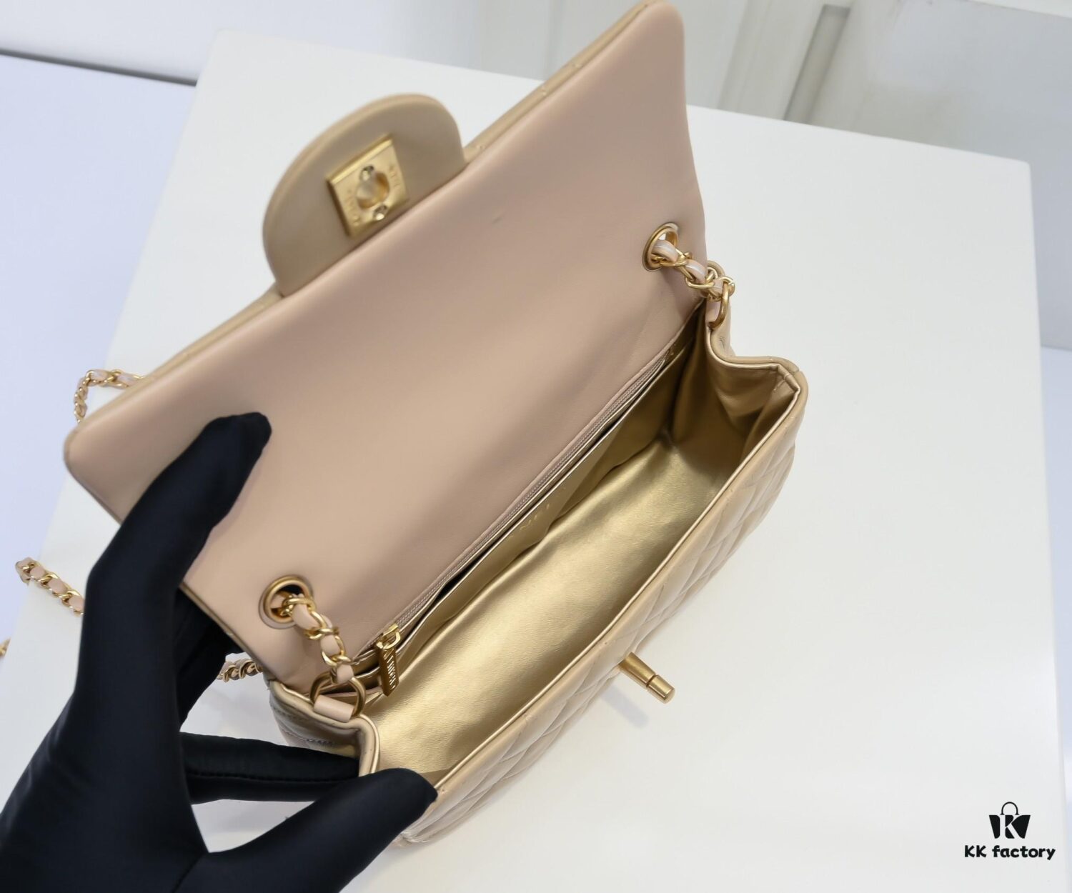 Large Beige Chanel CF Mini Metal Flap Bag - Bestseller with Decorative Gold Ball on Chain