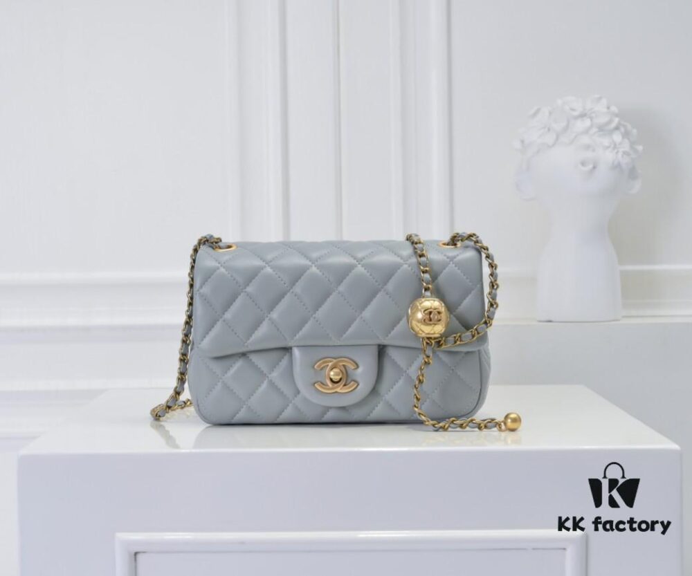 Large Gray Goat Chanel CF Mini Flap Bag with Metal Chain and Small Gold Ball Accent