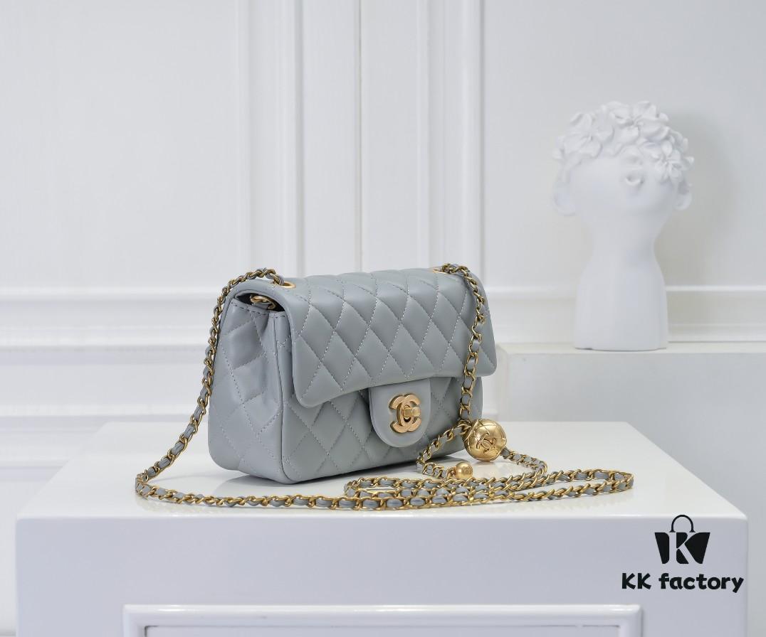 Large Gray Goat Chanel CF Mini Flap Bag with Metal Chain and Small Gold Ball Accent