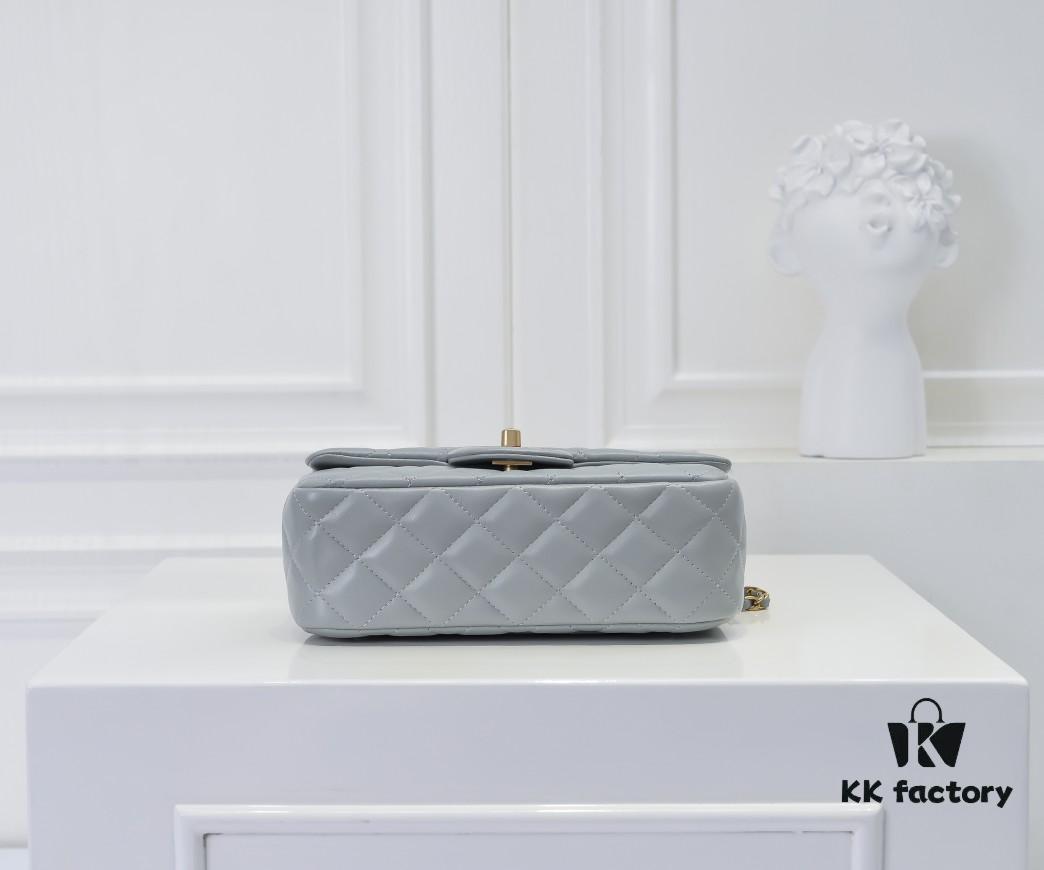 Large Gray Goat Chanel CF Mini Flap Bag with Metal Chain and Small Gold Ball Accent