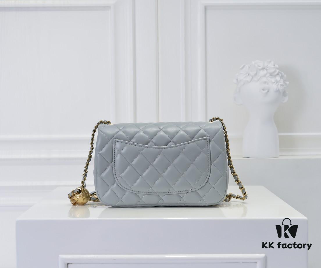 Large Gray Goat Chanel CF Mini Flap Bag with Metal Chain and Small Gold Ball Accent