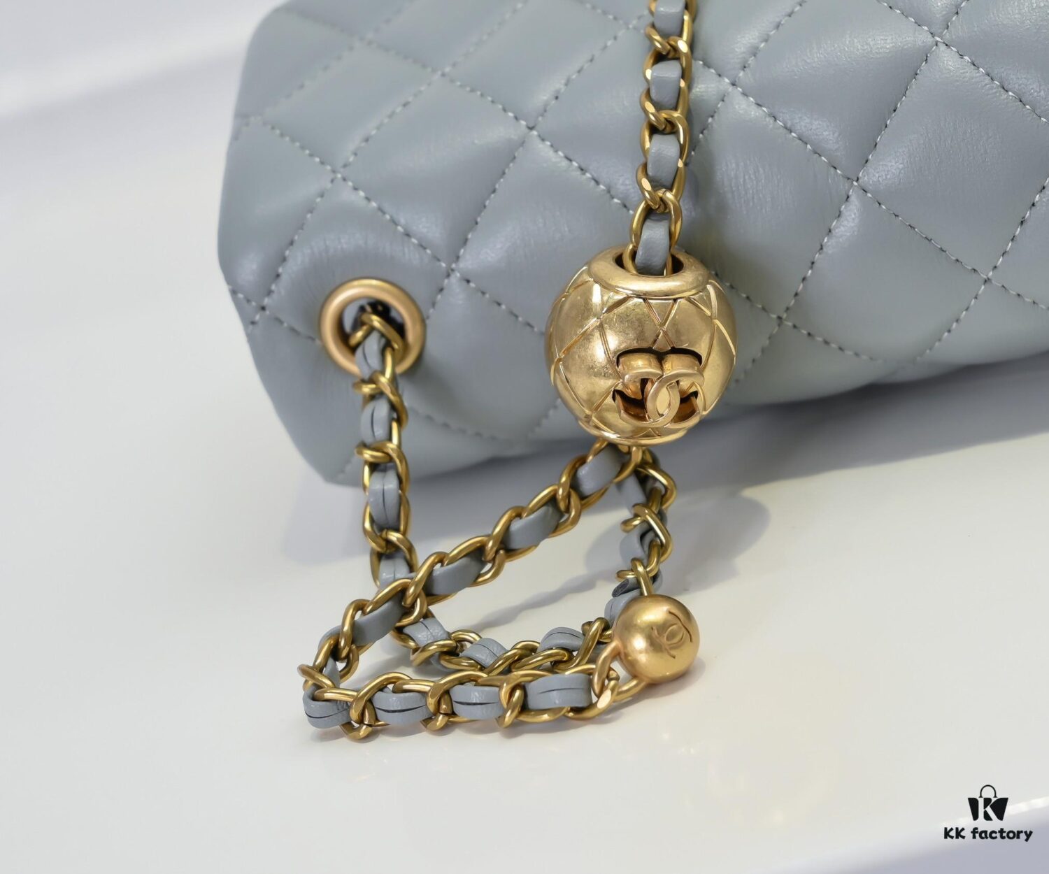 Large Gray Goat Chanel CF Mini Flap Bag with Metal Chain and Small Gold Ball Accent