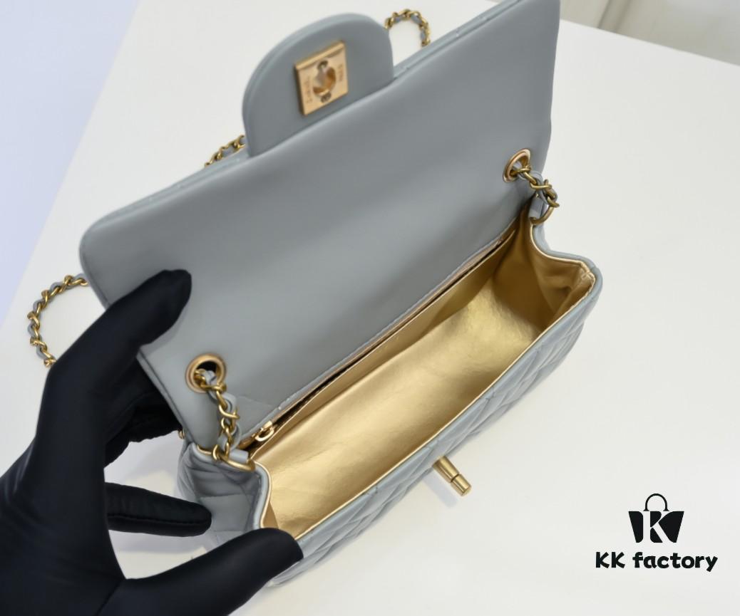 Large Gray Goat Chanel CF Mini Flap Bag with Metal Chain and Small Gold Ball Accent