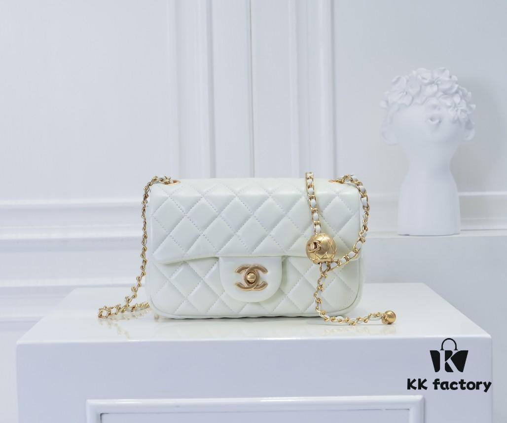 Large White Chanel CF Mini Chain Bag with Small Golden Ball Accent