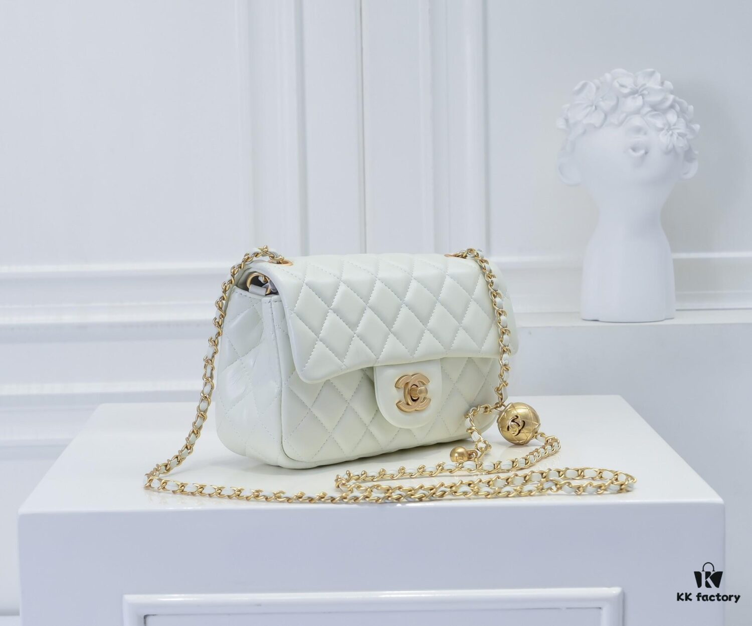 Large White Chanel CF Mini Chain Bag with Small Golden Ball Accent