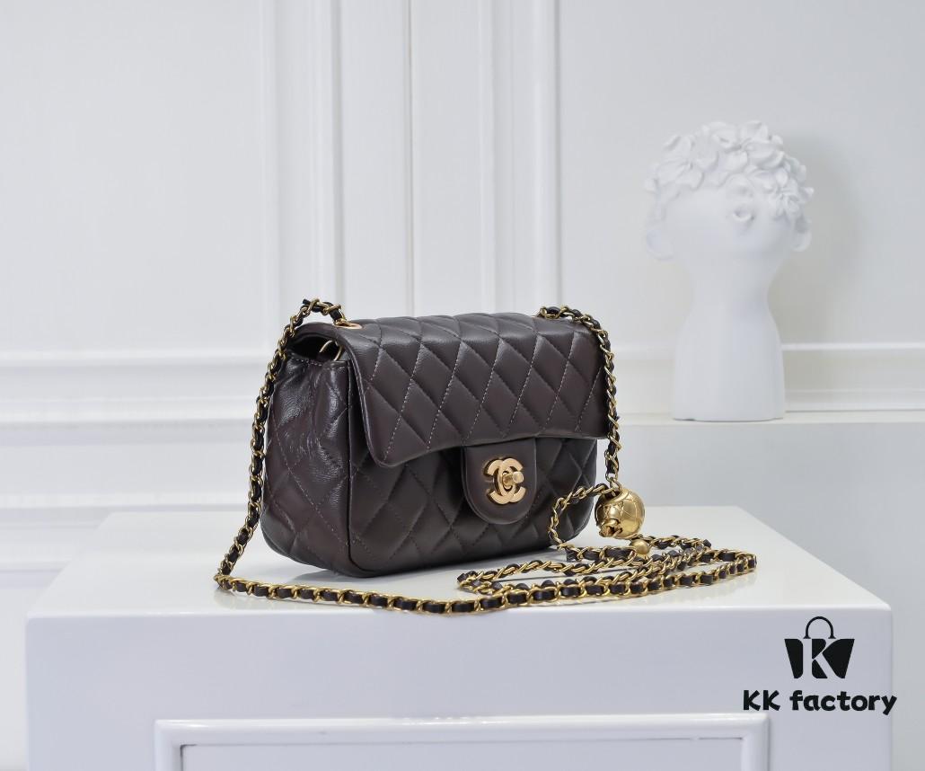 Large Chocolate Brown Chanel CF Mini Metal Flap Bag with Small Golden Ball Accent