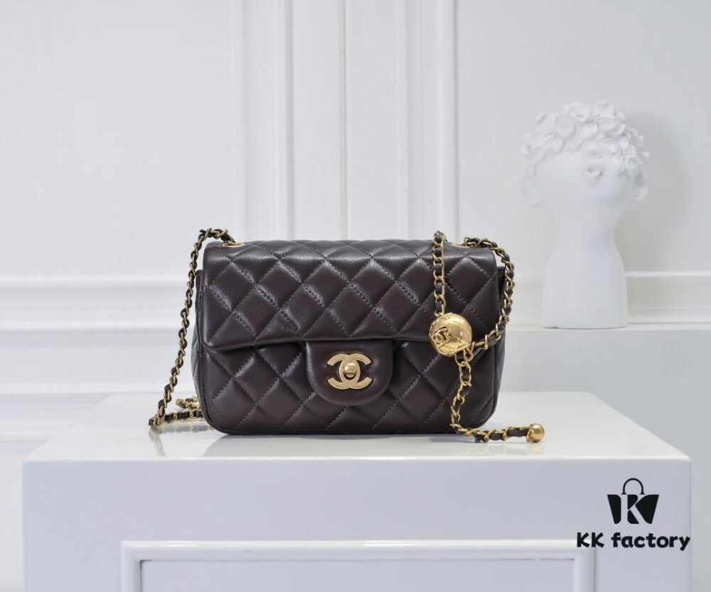 Large Chocolate Brown Chanel CF Mini Metal Flap Bag with Small Golden Ball Accent