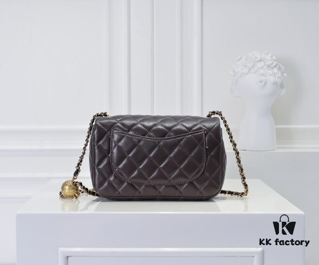 Large Chocolate Brown Chanel CF Mini Metal Flap Bag with Small Golden Ball Accent