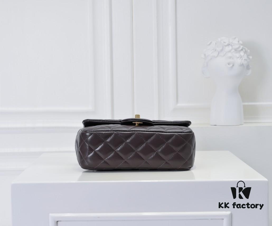 Large Chocolate Brown Chanel CF Mini Metal Flap Bag with Small Golden Ball Accent