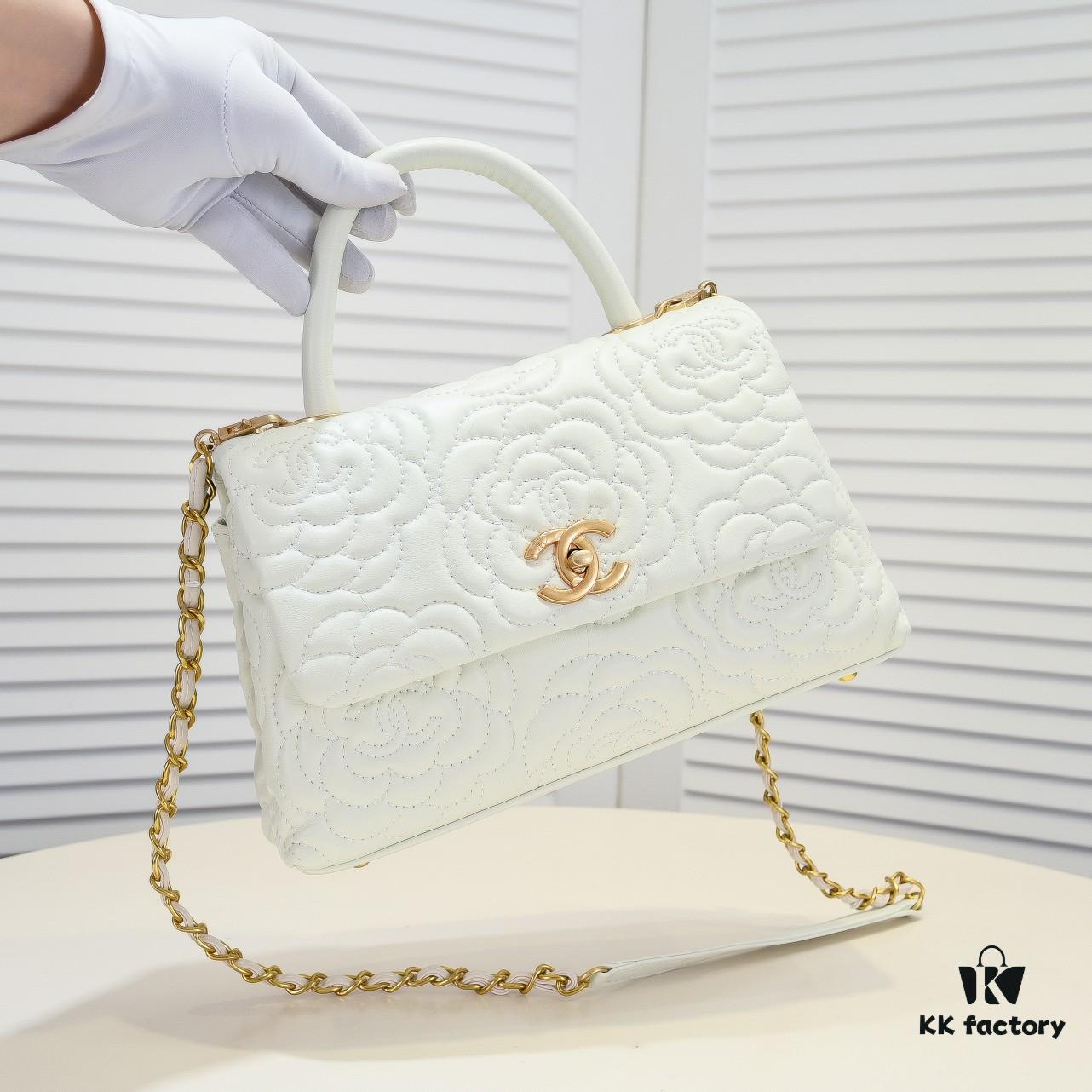 Chanel Unique Design Flap Bag with Chain Strap, Dual Carry (Shoulder & Handheld), Camellia Pattern, Premium Imported Lambskin, Upgraded Full Gold-Plated Hardware