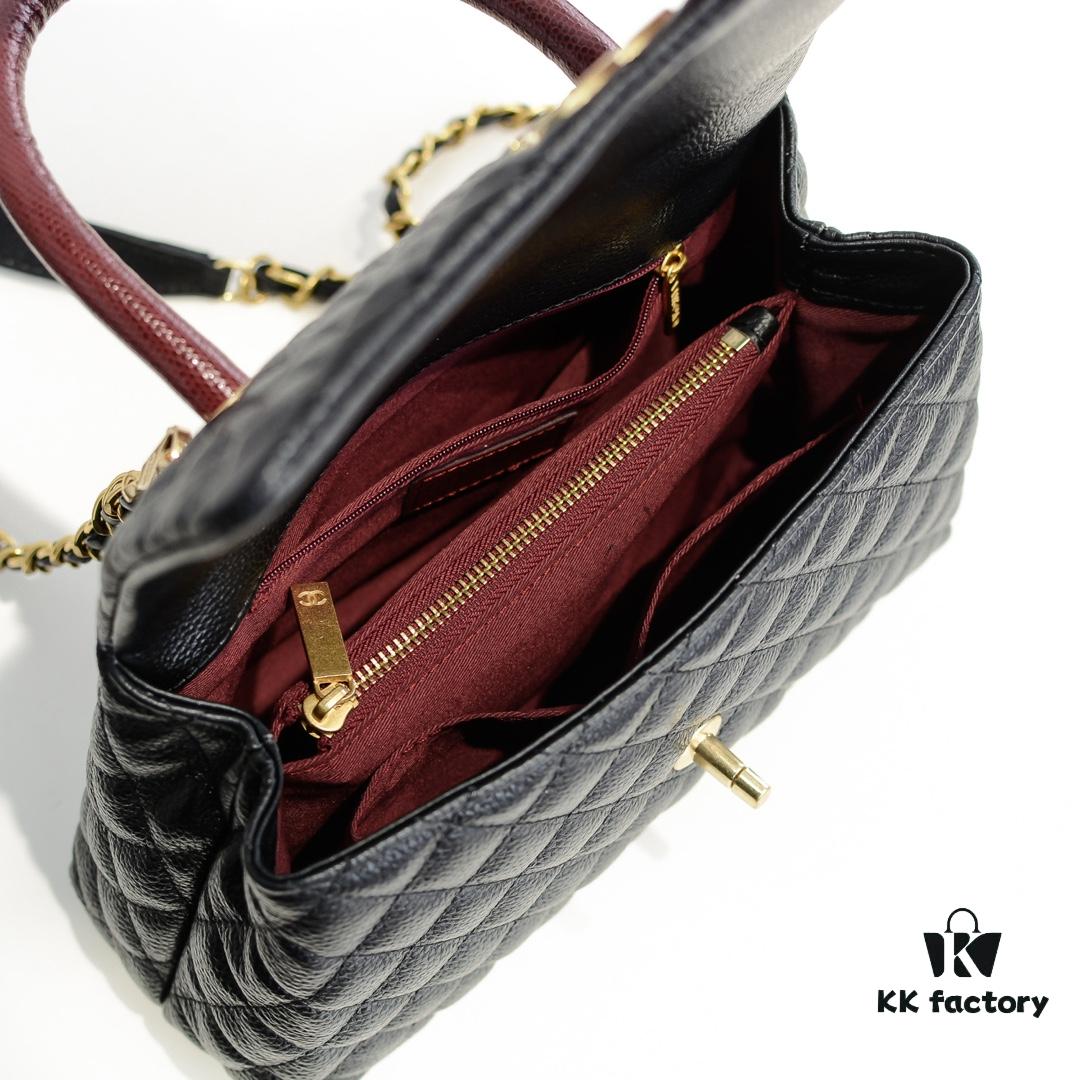 Black and Red Chanel-Style Shoulder Handbag with Unique Clasp Design, Dual Carry Options (Handheld or Crossbody), Premium Imported Full-Grain Calfskin with Lychee Texture, Upgraded Gold-Tone Hardware