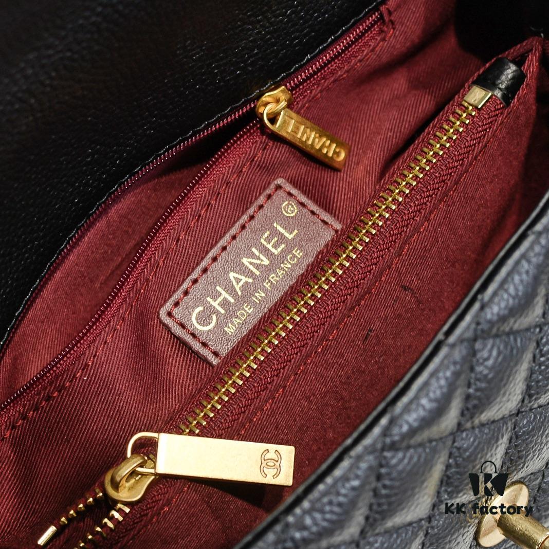 Black and Red Chanel-Style Shoulder Handbag with Unique Clasp Design, Dual Carry Options (Handheld or Crossbody), Premium Imported Full-Grain Calfskin with Lychee Texture, Upgraded Gold-Tone Hardware