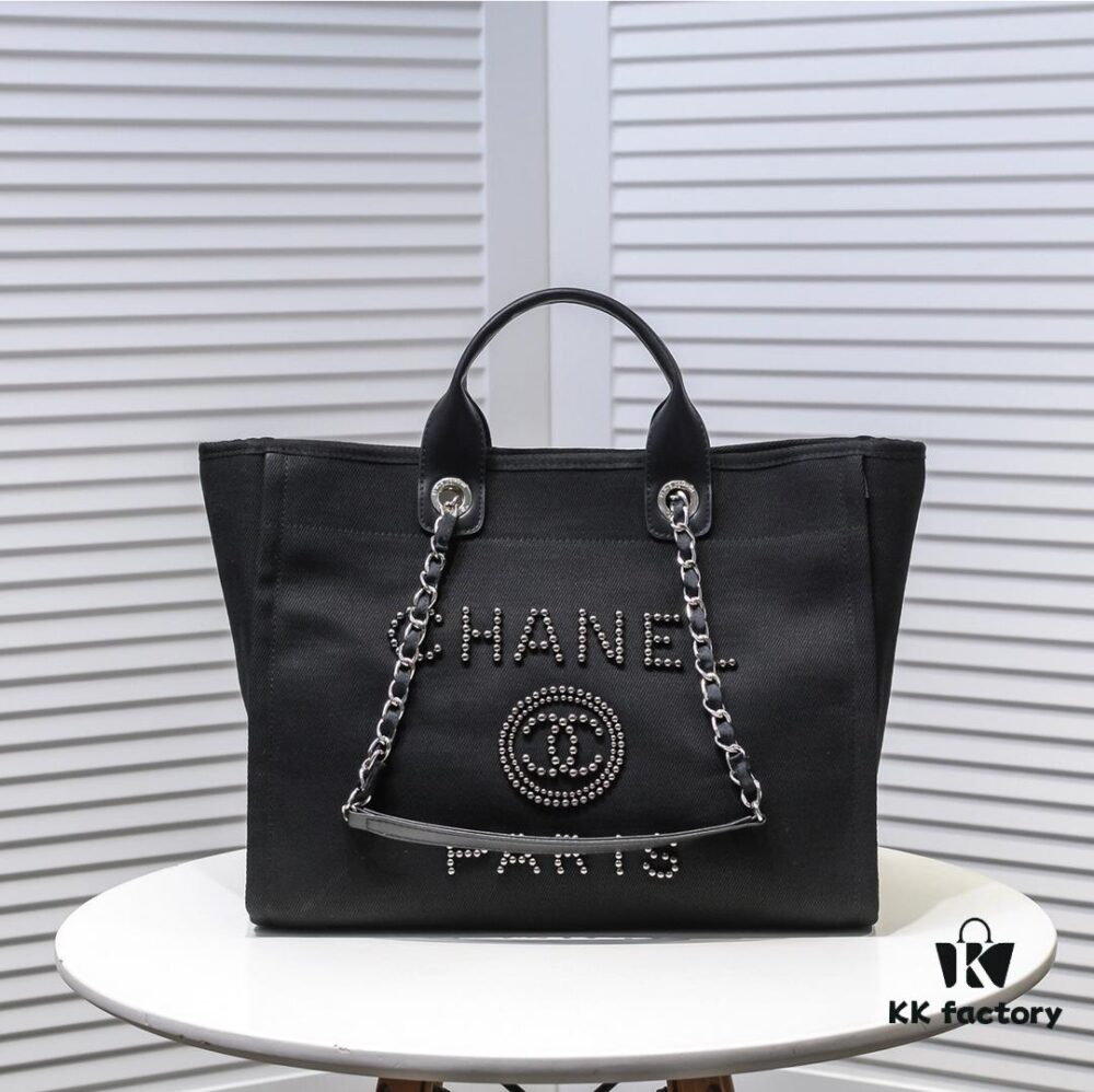 Chanel Tote Bag - Spring and Summer Striped Canvas Beach Shopping Bag with Chain Detail