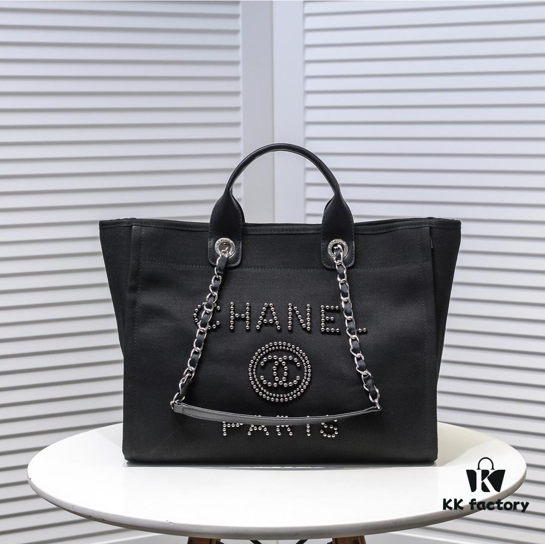 Chanel Tote Bag - Spring and Summer Striped Canvas Beach Shopping Bag with Chain Detail