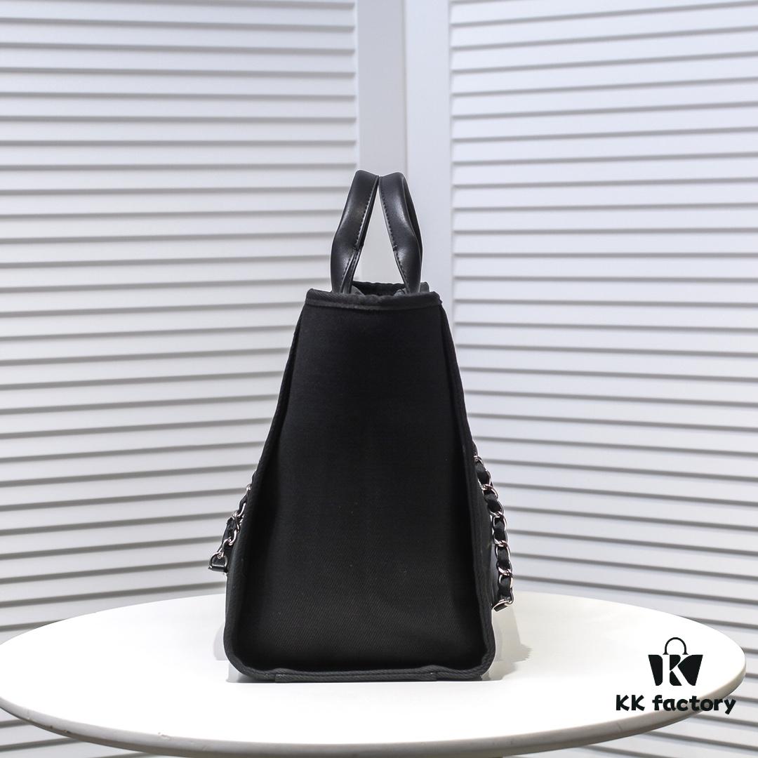 Chanel Tote Bag - Spring and Summer Striped Canvas Beach Shopping Bag with Chain Detail