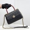 Black and Red Chanel-Style Shoulder Handbag with Unique Clasp Design, Dual Carry Options (Handheld or Crossbody), Premium Imported Full-Grain Calfskin with Lychee Texture, Upgraded Gold-Tone Hardware