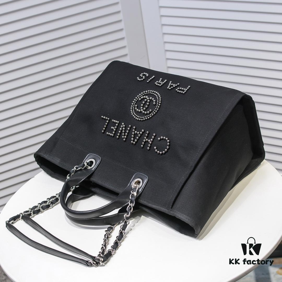 Chanel Tote Bag - Spring and Summer Striped Canvas Beach Shopping Bag with Chain Detail