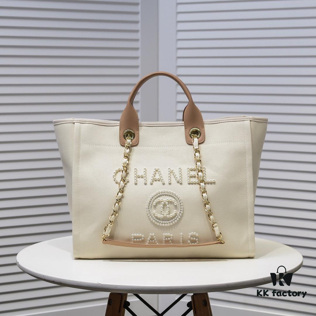 Chanel Tote Bag - Striped Canvas Beach Shopping Bag with Chain, Resort Style for Spring and Summer