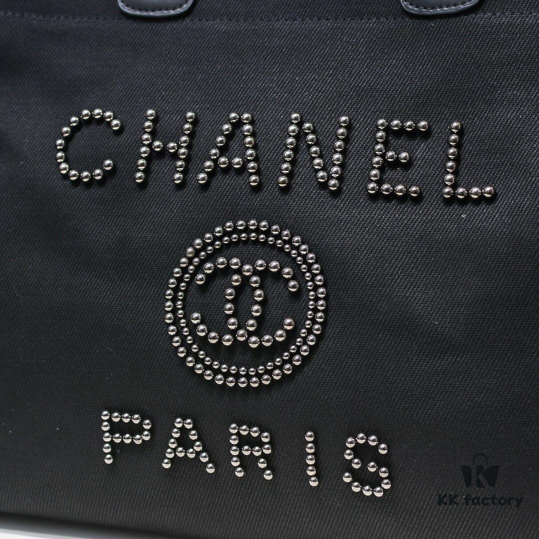 Chanel Tote Bag - Spring and Summer Striped Canvas Beach Shopping Bag with Chain Detail