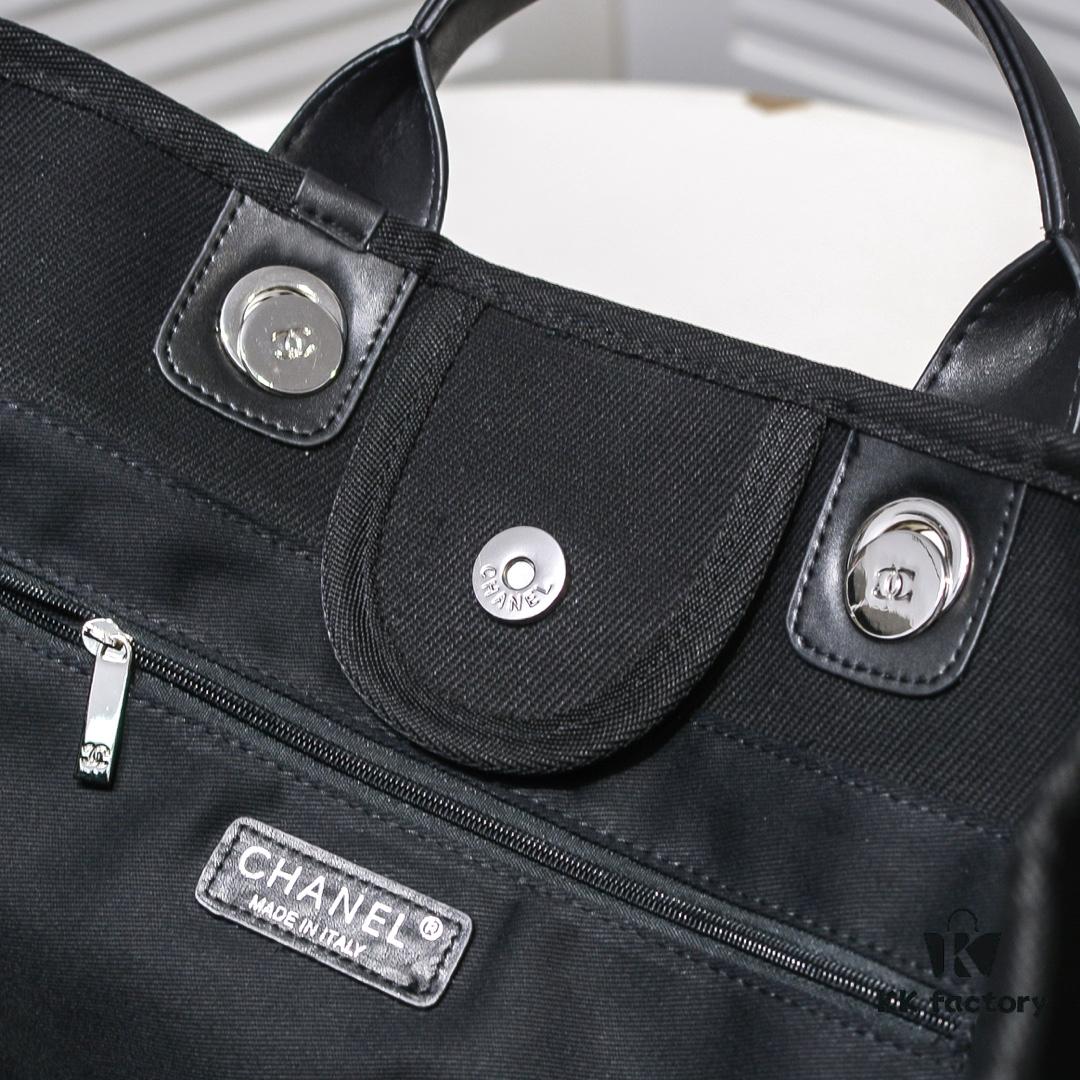 Chanel Tote Bag - Spring and Summer Striped Canvas Beach Shopping Bag with Chain Detail