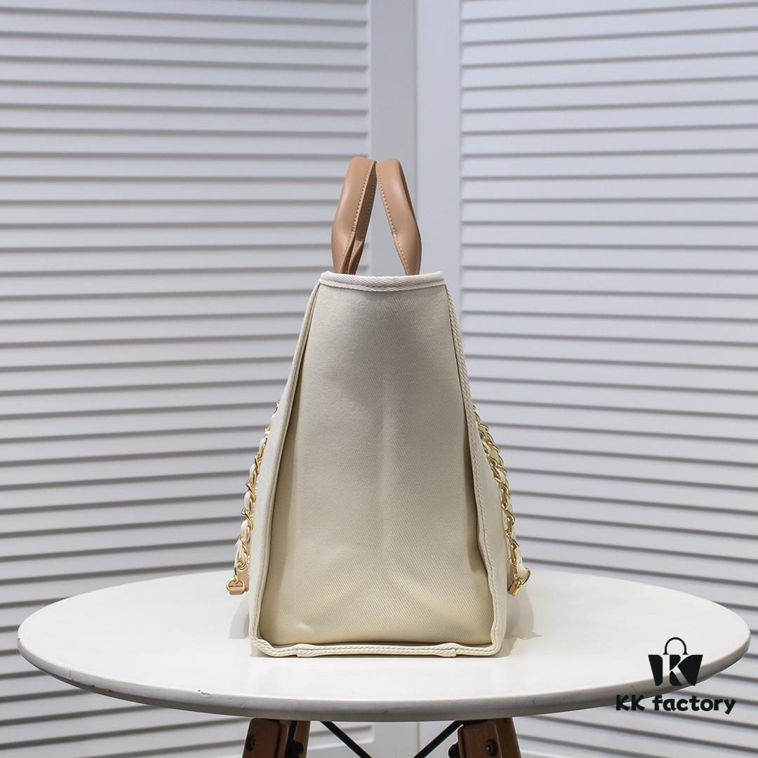 Chanel Tote Bag - Striped Canvas Beach Shopping Bag with Chain, Resort Style for Spring and Summer