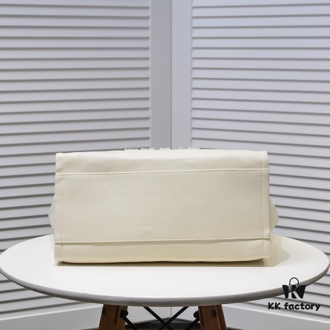 Chanel Tote Bag - Striped Canvas Beach Shopping Bag with Chain, Resort Style for Spring and Summer