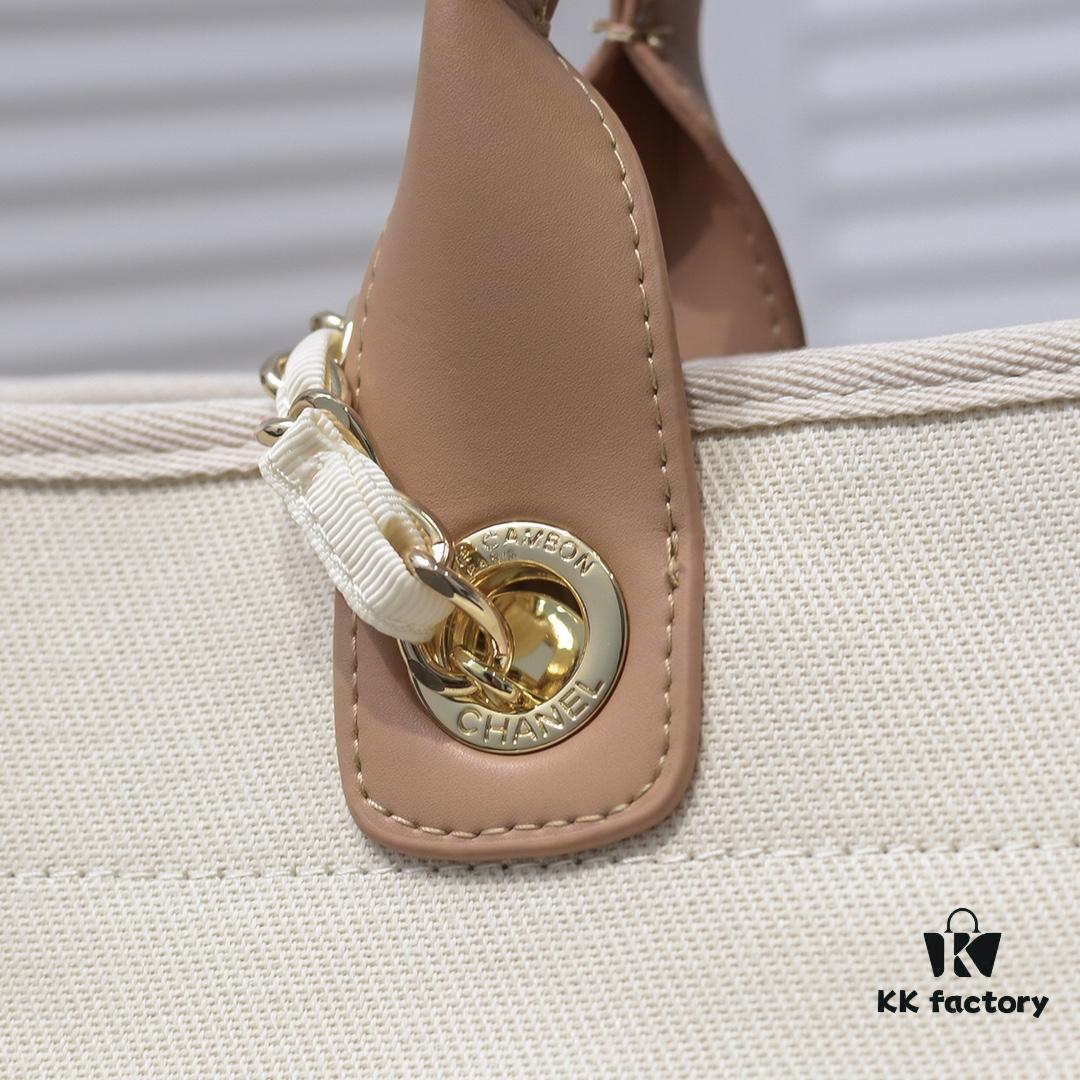 Chanel Tote Bag - Striped Canvas Beach Shopping Bag with Chain, Resort Style for Spring and Summer