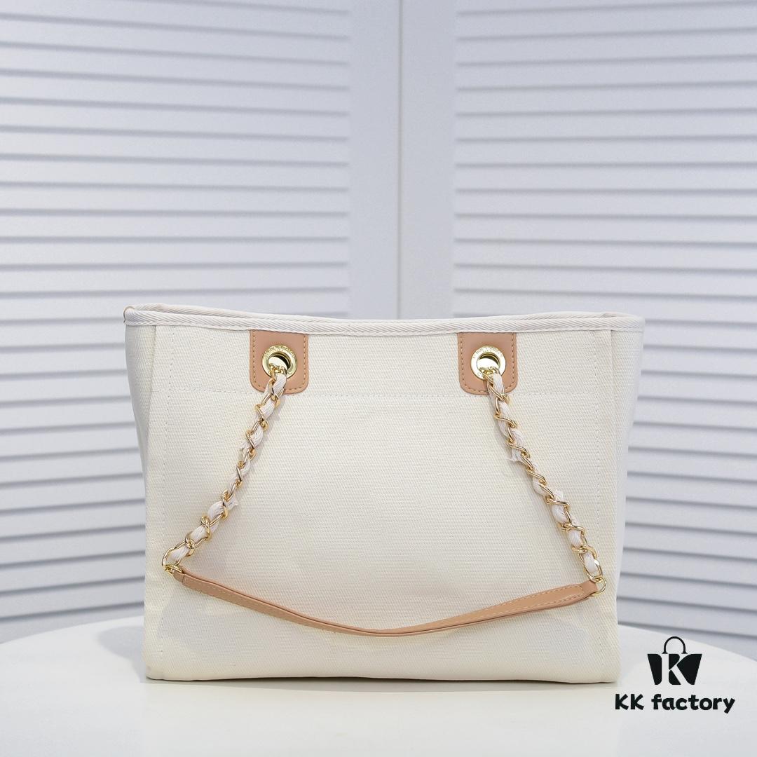 Chanel Tote Bag - Spring Summer Striped Canvas Beach Shopping Bag with Chain Detail