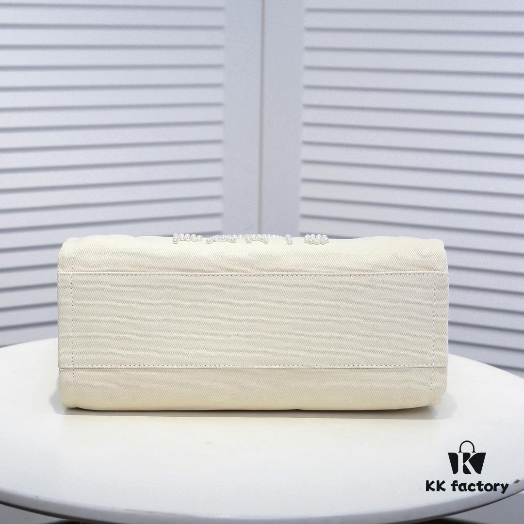 Chanel Tote Bag - Spring Summer Striped Canvas Beach Shopping Bag with Chain Detail