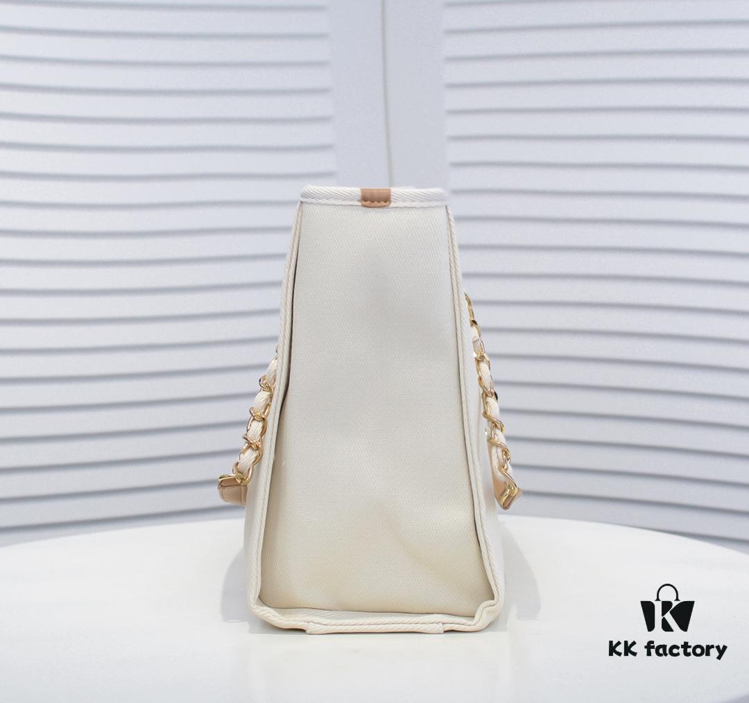 Chanel Tote Bag - Spring Summer Striped Canvas Beach Shopping Bag with Chain Detail