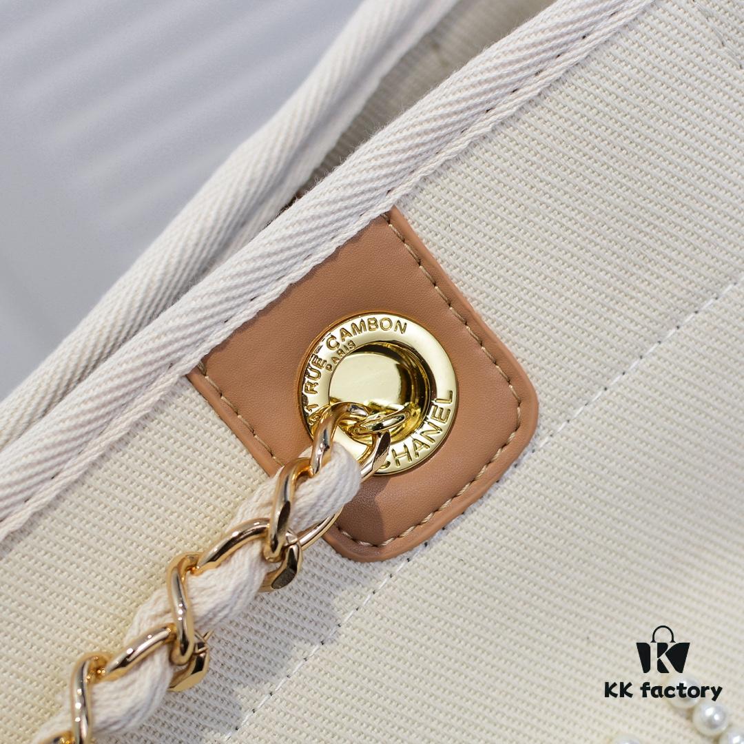 Chanel Tote Bag - Spring Summer Striped Canvas Beach Shopping Bag with Chain Detail