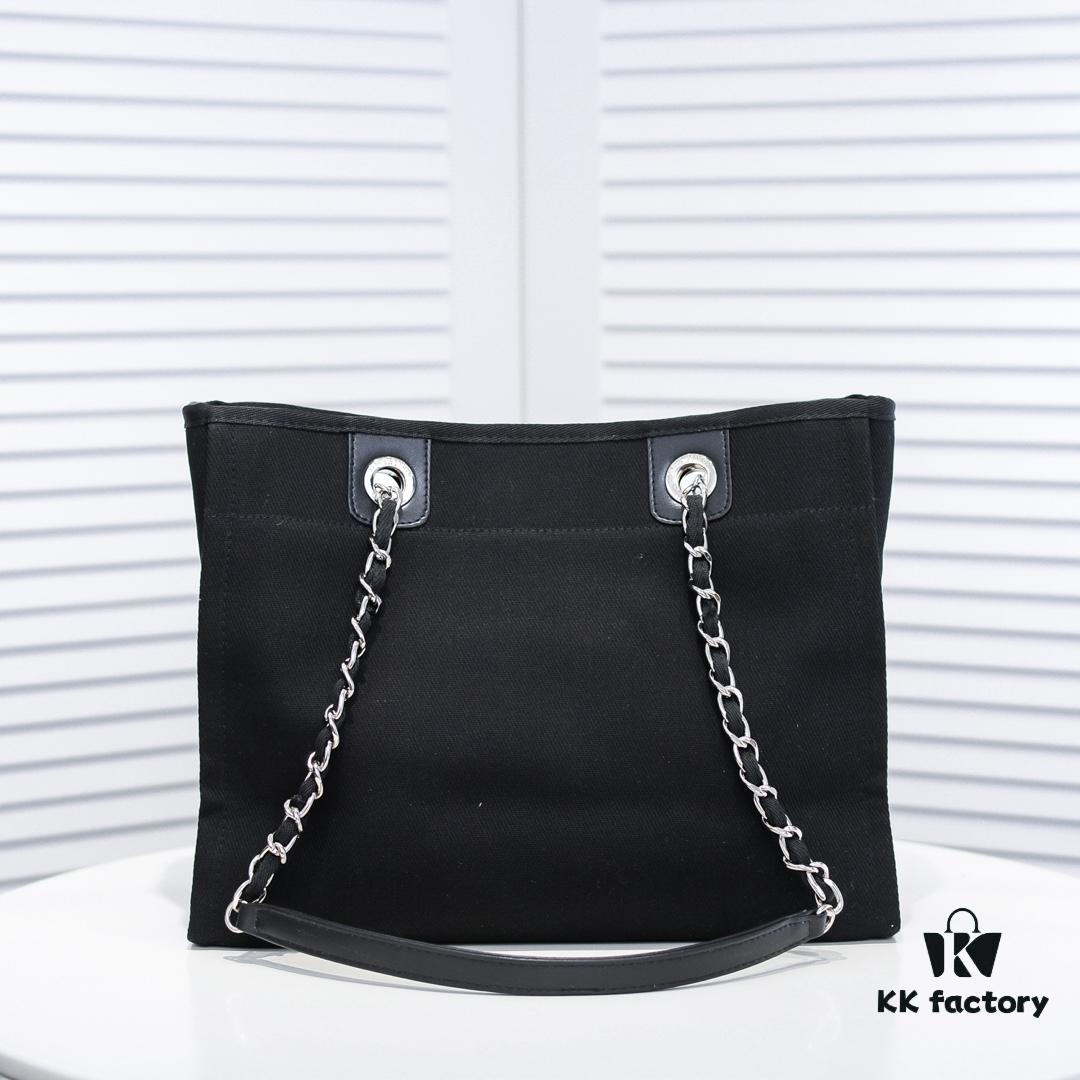 Chanel Tote Bag - Spring Summer Striped Canvas Beach Shopping Bag with Chain Detail