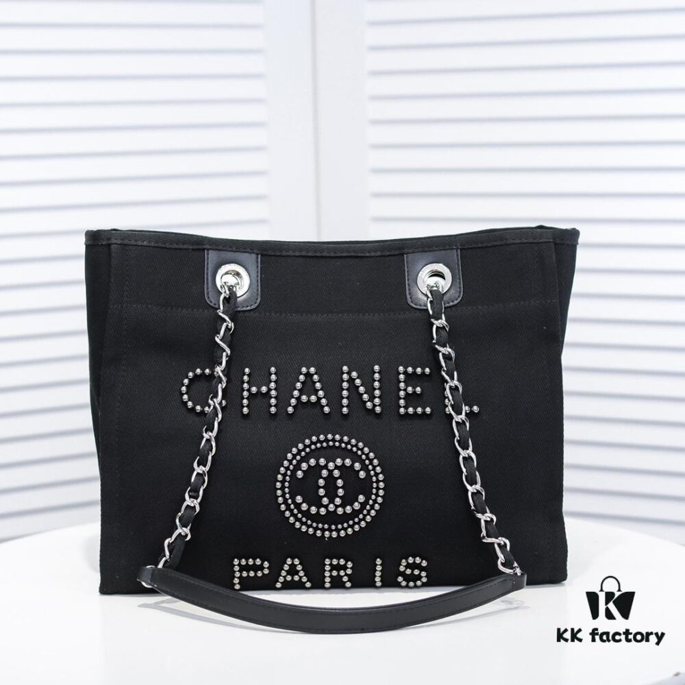 Chanel Tote Bag - Spring Summer Striped Canvas Beach Shopping Bag with Chain Detail