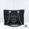 Chanel Tote Bag - Spring Summer Striped Canvas Beach Shopping Bag with Chain Detail