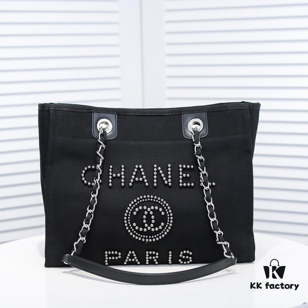 Chanel Tote Bag - Spring Summer Striped Canvas Beach Shopping Bag with Chain Detail