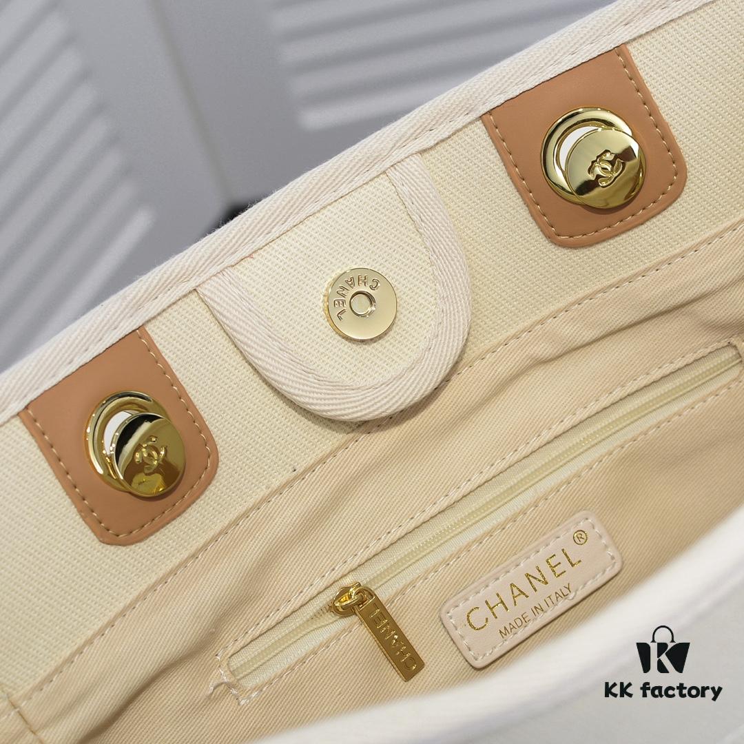 Chanel Tote Bag - Spring Summer Striped Canvas Beach Shopping Bag with Chain Detail